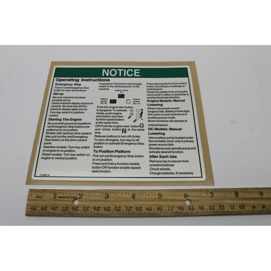 Genie Part # 114257. 114257GT - DECAL.NOTICE.OPER INST PLAT***
