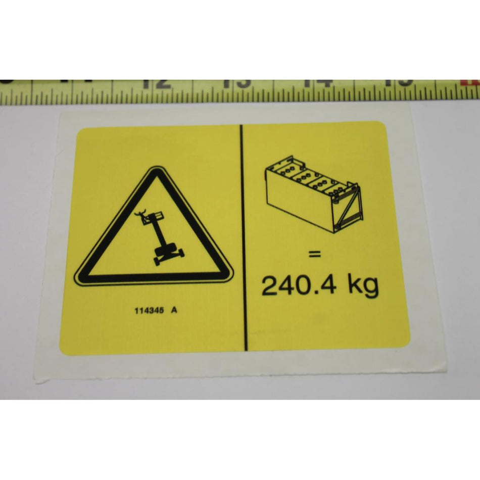 Genie Part # 114345. 114345GT - DECAL.LABEL.TIPOVER.BATTERIES
