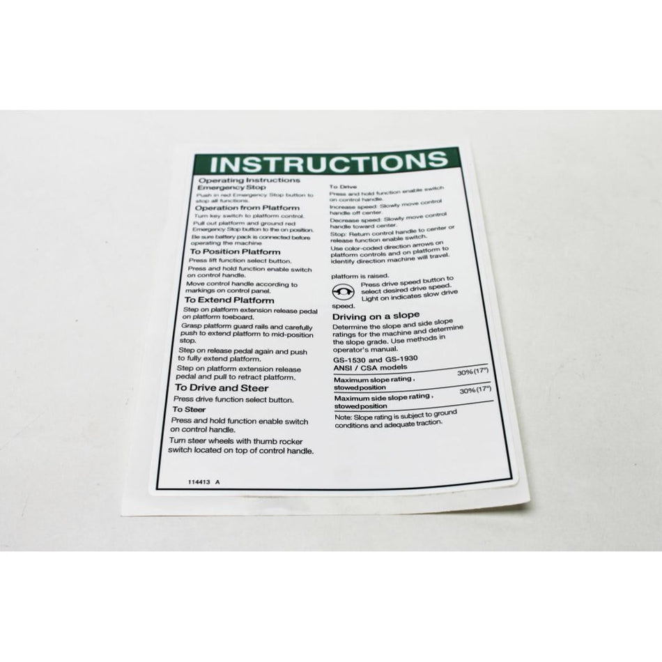 Genie Part # 114413. 114413GT - DECAL. NOTICE. OP INST-ANSI. GENV