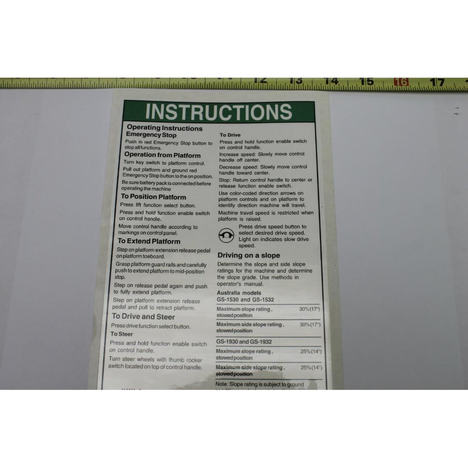 Genie Part # 114414. 114414GT - DECAL.NOTICE.OP INST-AUST.GENV
