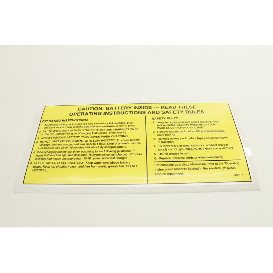 Genie Part # 11657. 11657GT - DECAL. CAUTION BATTERY. CAMLOK