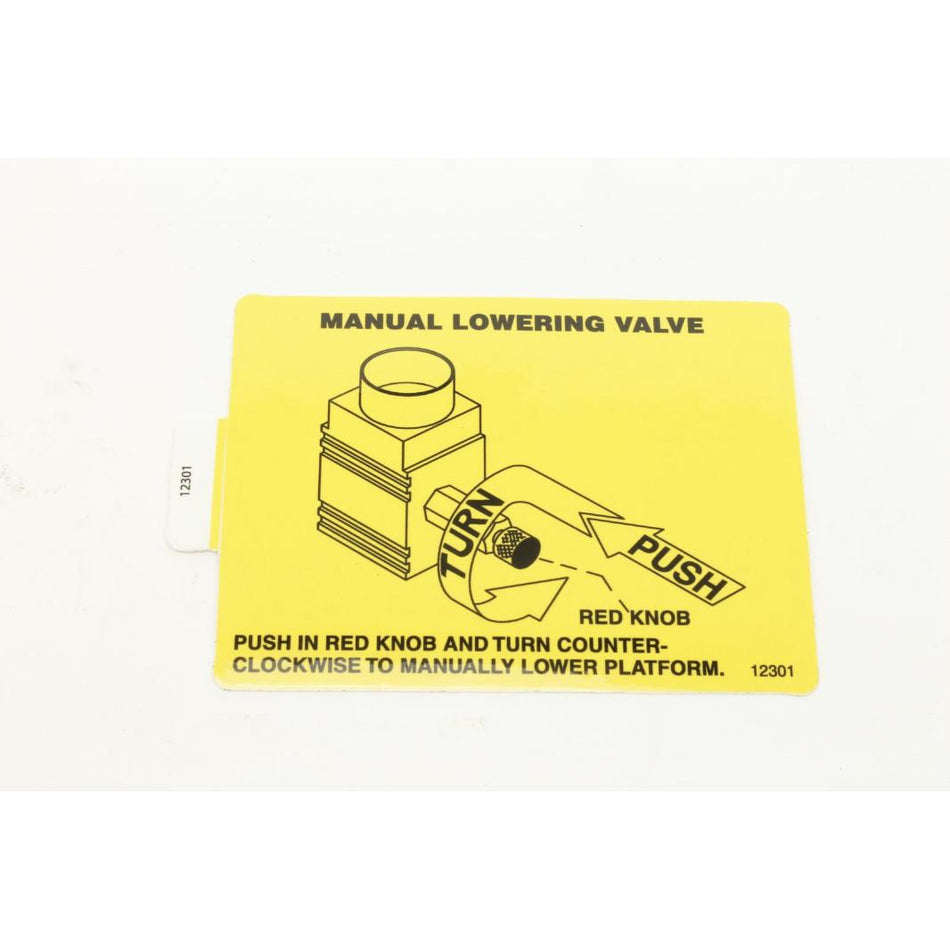 Genie Part # 12301. 12301GT - DECAL. MANUAL LOWER.VALVE