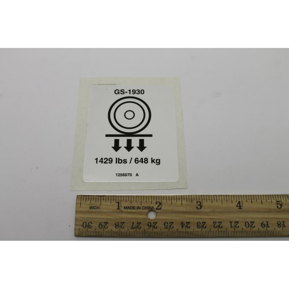 Genie Part # 1256070. 1256070GT - DECAL.LABEL.WHEEL LOAD.1930PAR