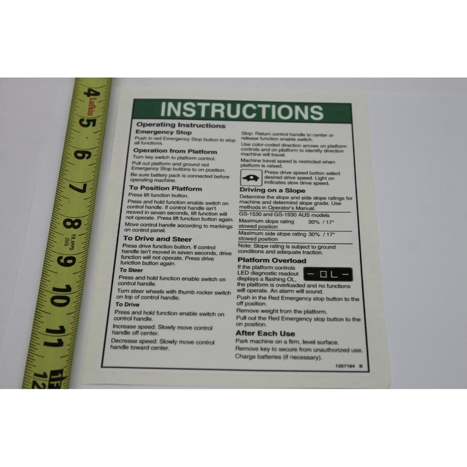 Genie Part # 1257184. 1257184GT - DECAL. OP INST. PLAT. GS30. AUS