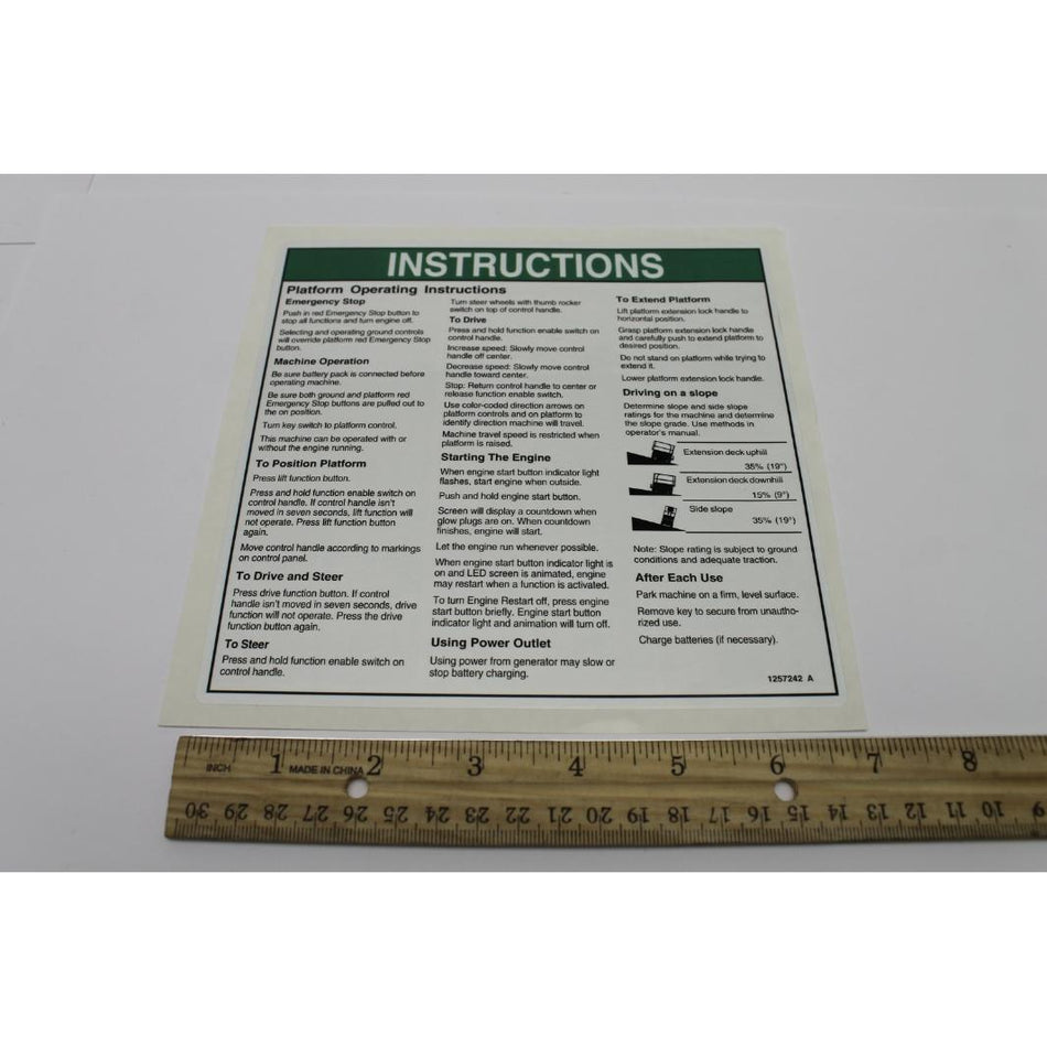 Genie Part # 1257242. 1257242GT - DECAL. NOTICE. OP. INST. PLAT. 69BE