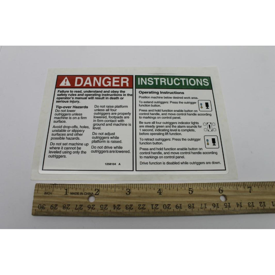 Genie Part # 1258104. 1258104GT - DECAL. DANGER. OUTRIGGER SAFETY