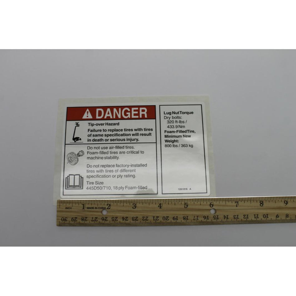 Genie Part # 1261816. 1261816GT - DECAL. DANGER/NOTICE. TIRESPECS. S120/125. Z135