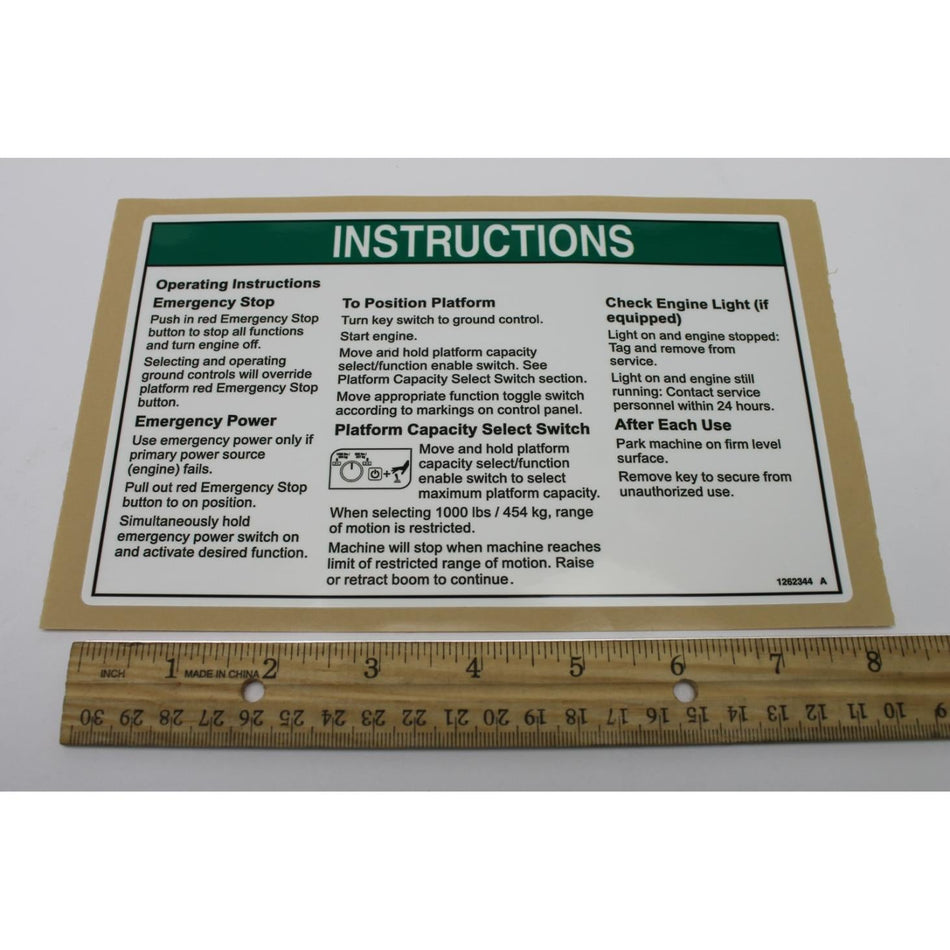 Genie Part # 1262344. 1262344GT - DECAL. OPERATING INSTRUCTIONS