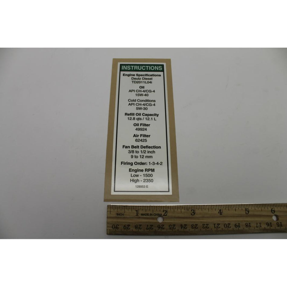 Genie Part # 128953. 128953GT - DECAL. ENGINE SPEC. DEUTZ. TD2011
