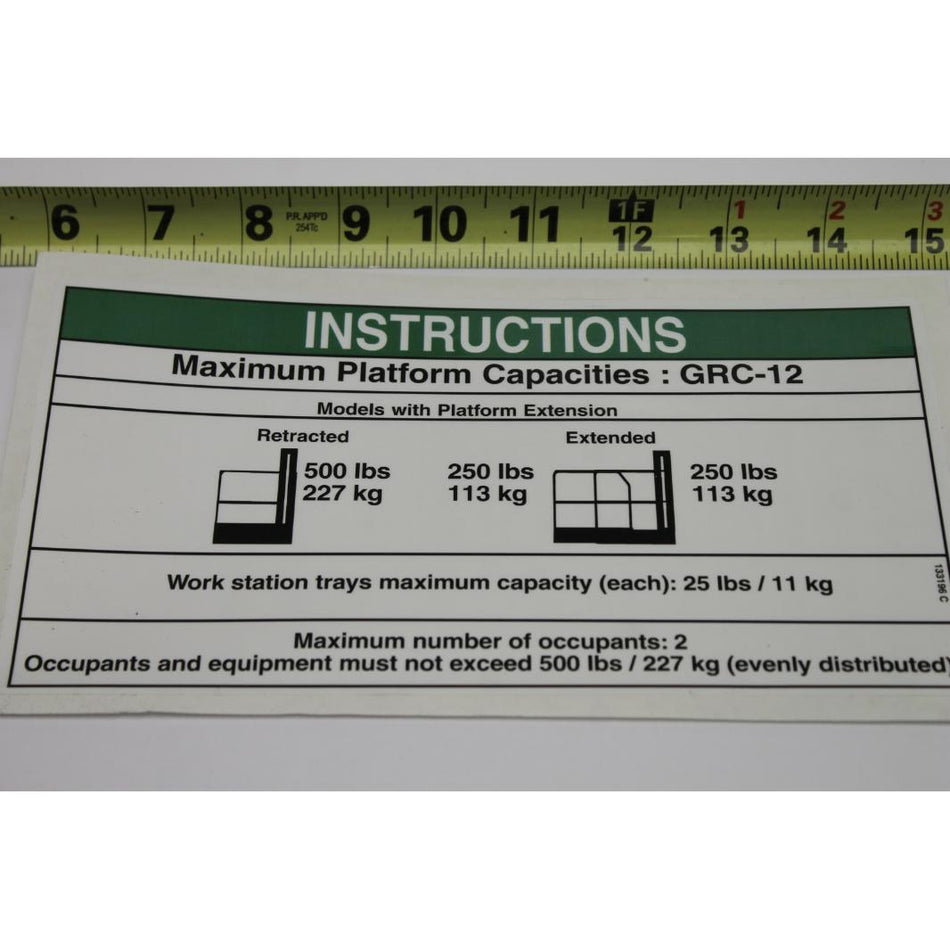 Genie Part # 133196. 133196GT - DECAL-NOTICE. MAX CAP-500 LB