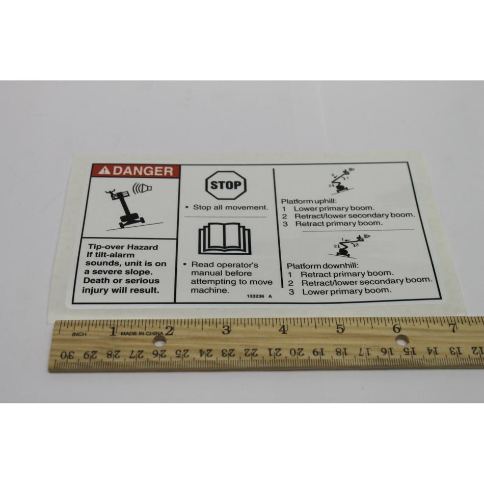 Genie Part # 133236. 133236GT - DECAL. DANGER. TIPOVER. TILT 135*