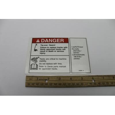 Genie Part # 133250. 133250GT - DECAL. DANGER TIP OVER TRAX