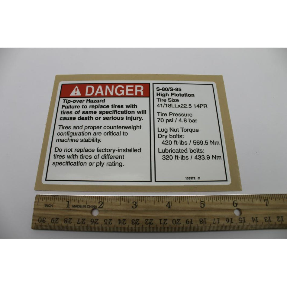 Genie Part # 133372. 133372GT - DECAL. DANGER/LABEL. TIRE SPECHF