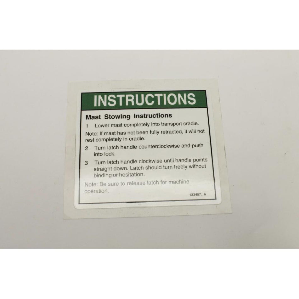 Genie Part # 133457. 133457GT - DECAL. MAST STOW INSTRUCTIONS