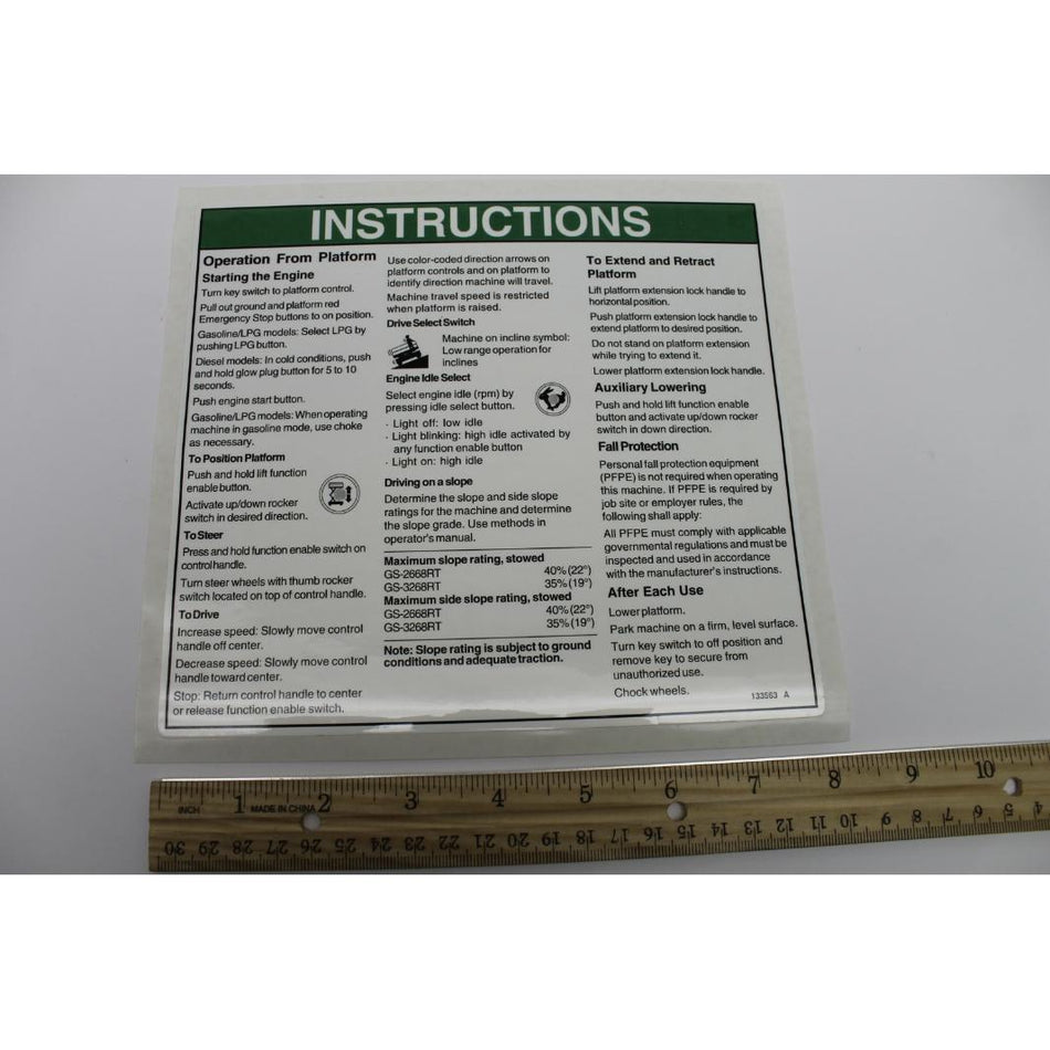Genie Part # 133563. 133563GT - DECAL. NOTICE. INST. PLAT-GS68RT