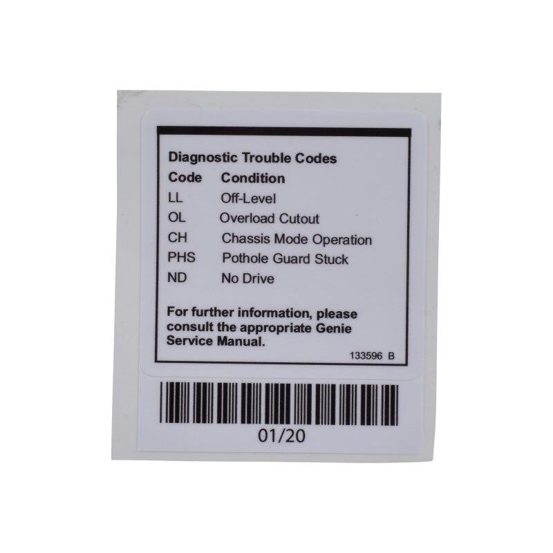 JLG Part # 133596GN - Genie-DECAL. FAULT CODES