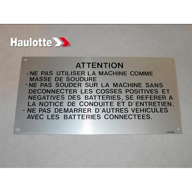 Haulotte Part # 1460119320 - WARNING PLATE PLAN