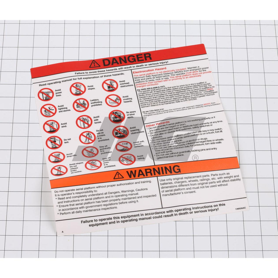 Skyjack Part # 146526 - Label. VL. Danger Warning