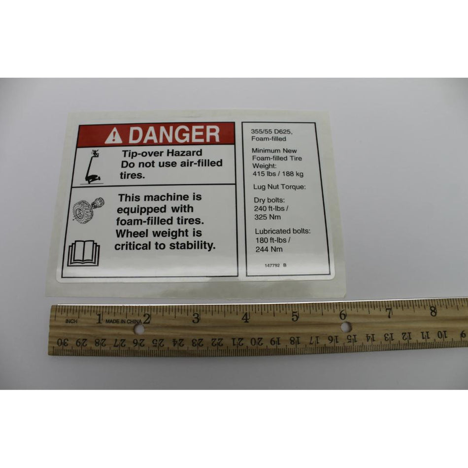 Genie Part # 147792. 147792GT - DANGER. TIPOVR. TIRES FF ONLY