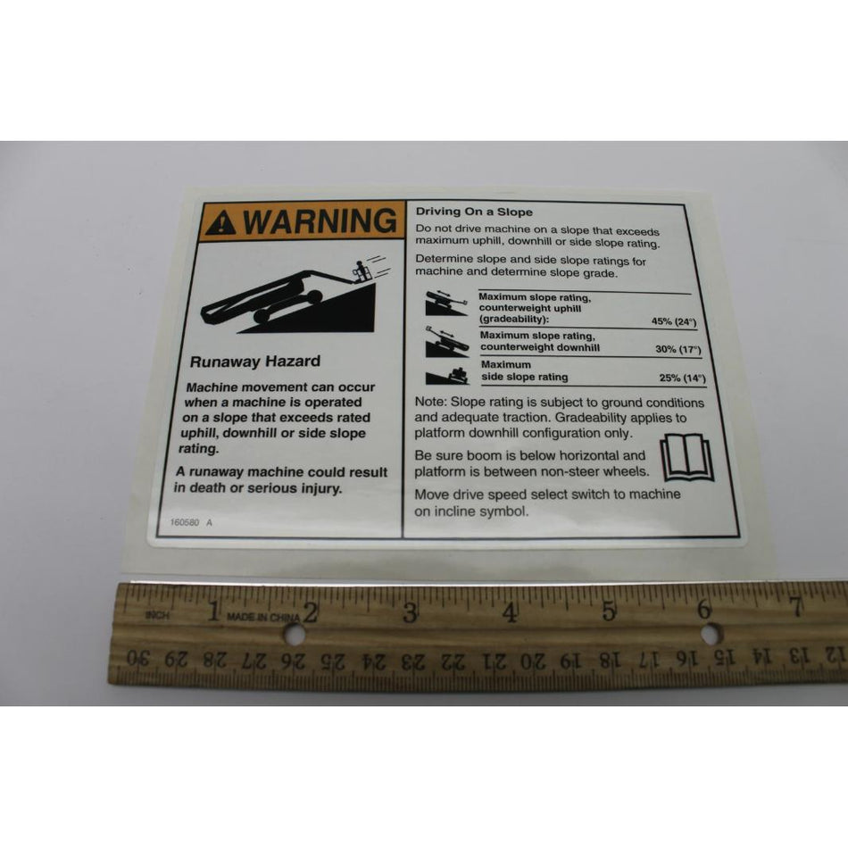 Genie Part # 160580. 160580GT - DECAL. WORD. SLOPE RATING. ZX135