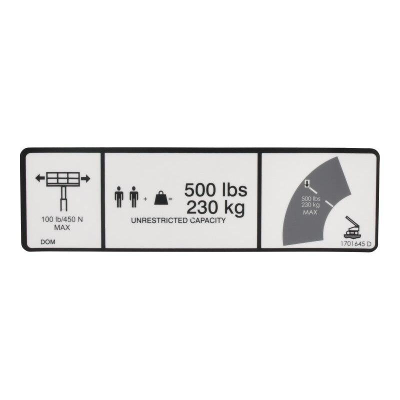 JLG Part # 1701645 - DECAL. 500 LBS. MAX CAP
