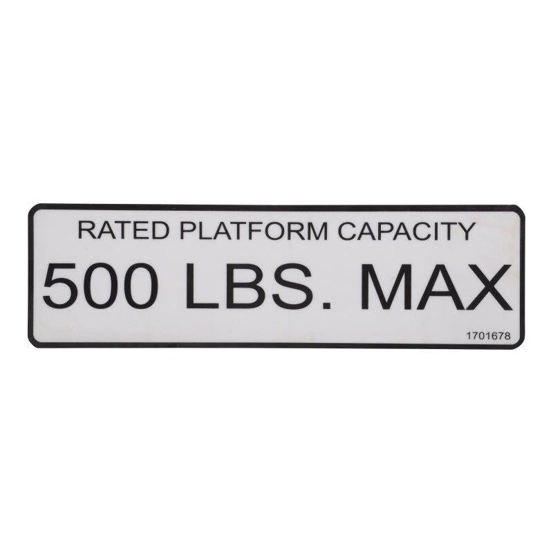 JLG Part # 1701678 - DECAL. 500 LB. CAP.