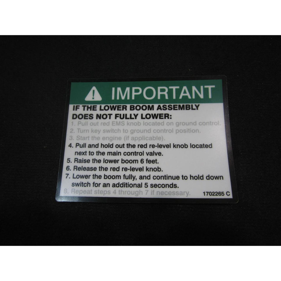 JLG Part # 1702265 - DECAL. IMPORTANT-MANUAL DESCENT