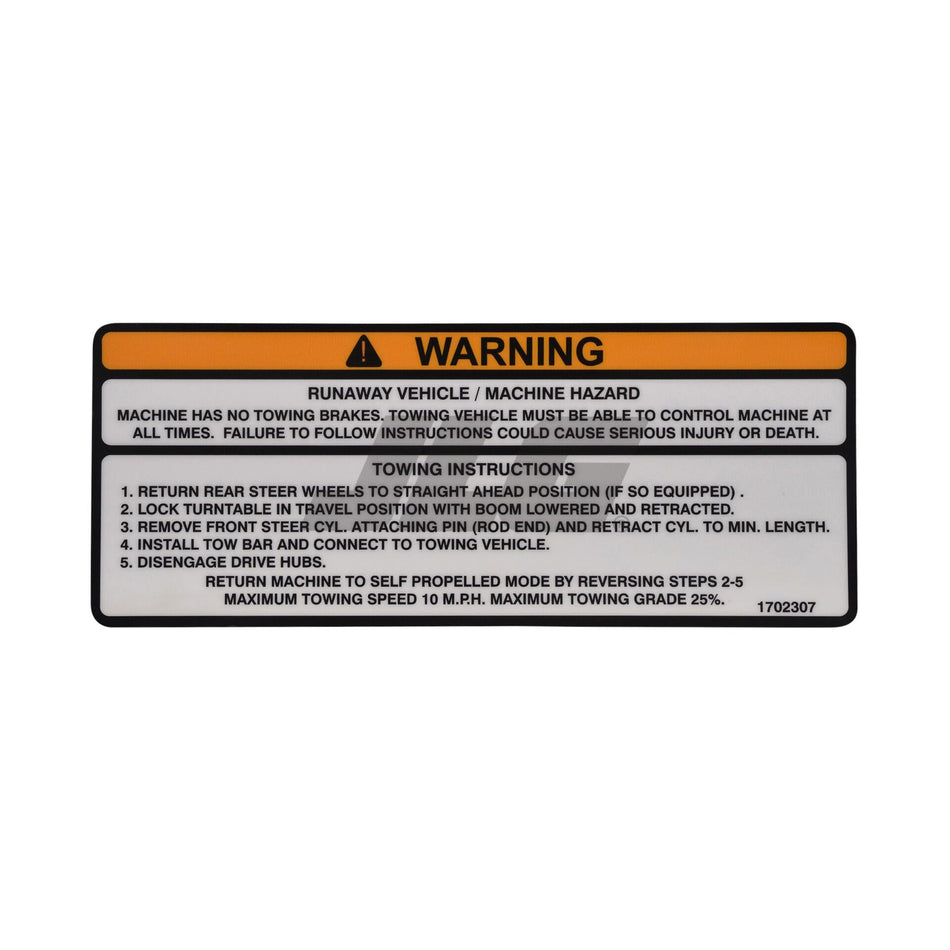 JLG Part # 1702307 - DECAL. (TOW INSTR. 4WD)