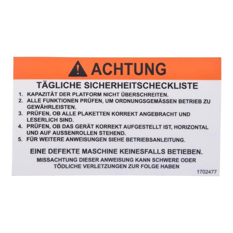 JLG Part # 1702477 - DECAL. CHECKLIST (GER)