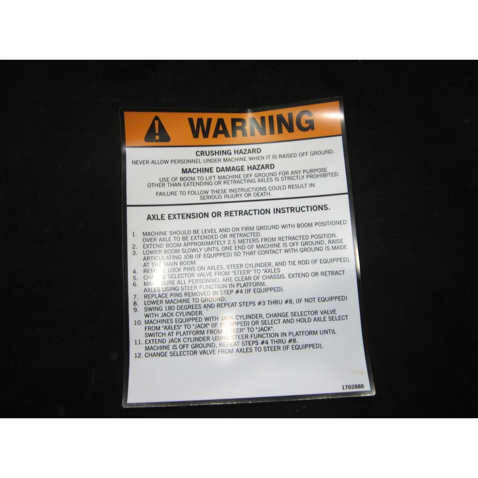 JLG Part # 1702888 - DECAL. WARNING (AXLE EXT/RET)