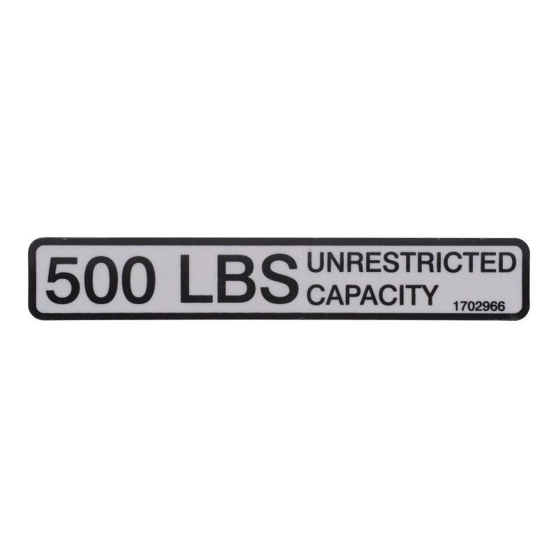 JLG Part # 1702966 - DECAL. 500# CAP 1.00 X 6.00