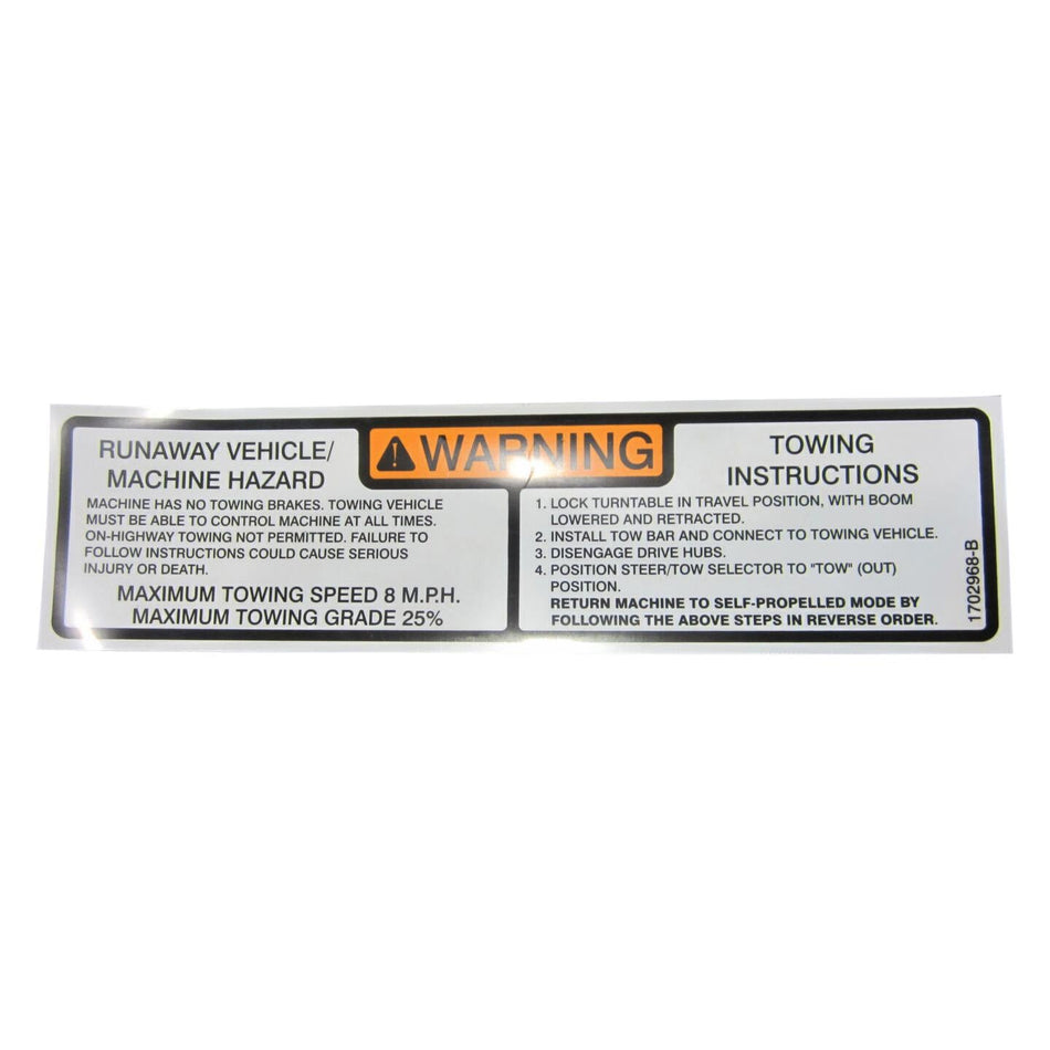 JLG Part # 1702968 - DECAL. TOW INSTR