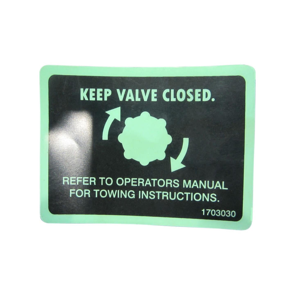 JLG Part # 1703030 - DECAL. CLOSE TOW VALVE