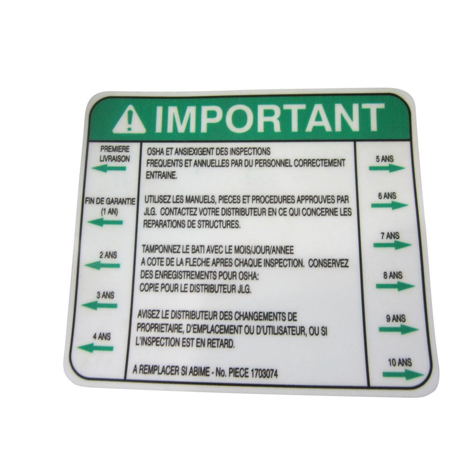JLG Part # 1703074 - DECAL. INSPECTION (FRE ANSI)