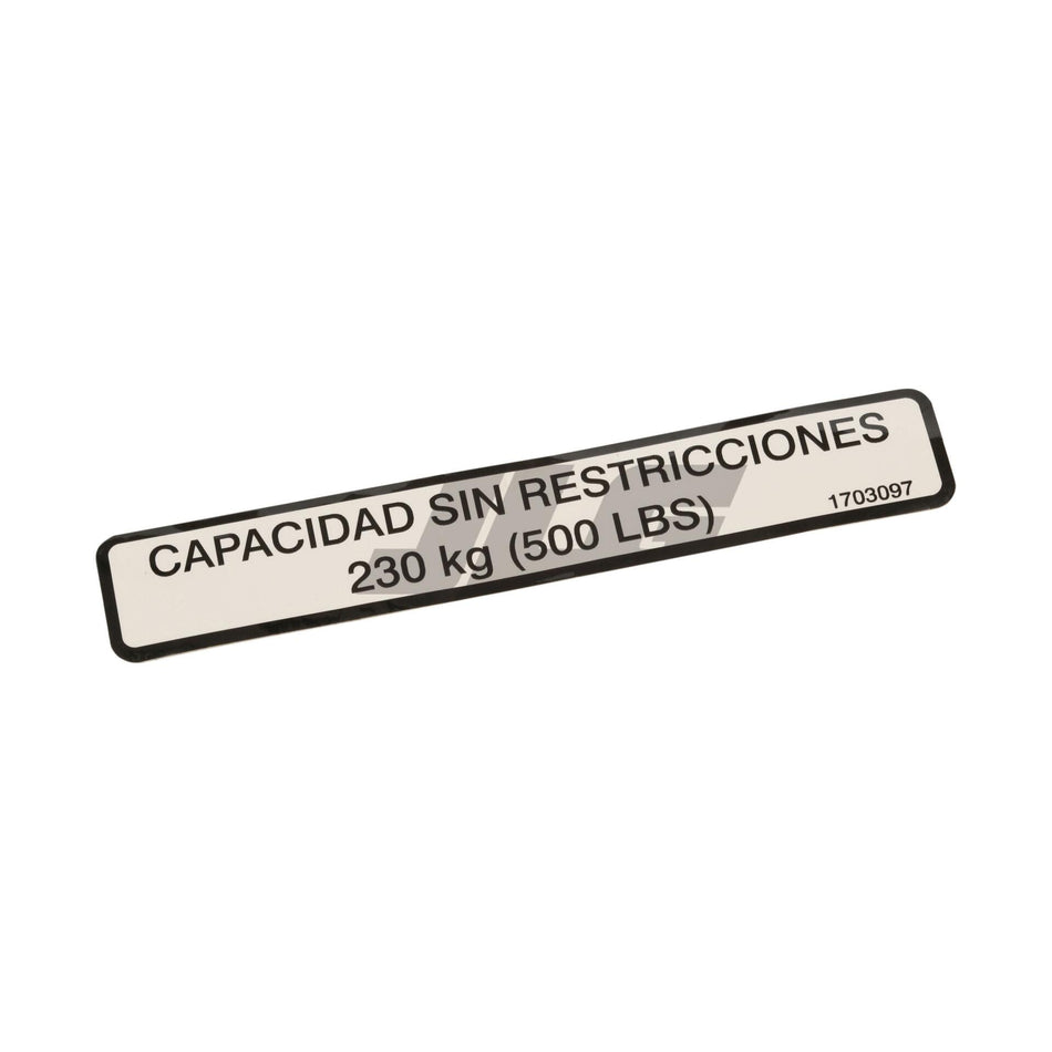 JLG Part # 1703097 - DECAL. 500# UNRSTR CAP (SPA LAT)