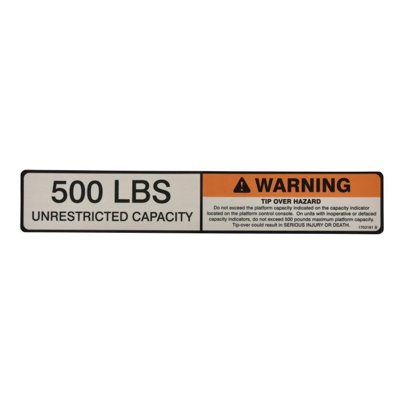 JLG Part # 1703181 - DECAL. WARN/500#CAP