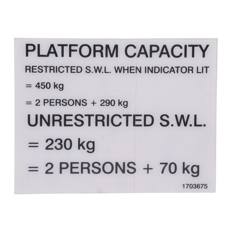 JLG Part # 1703675 - DECAL. PLATFORM CAPACITY