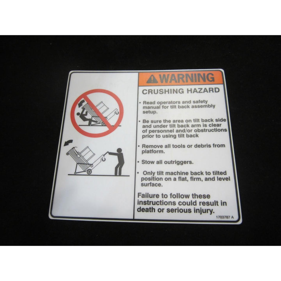 JLG Part # 1703787 - DECAL. WARNING-CRUSHING-TILTBAC