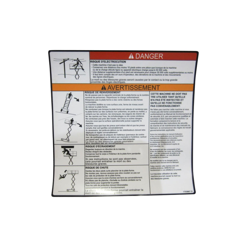 JLG Part # 1703867 - DECAL. DANGER WARNING CSA