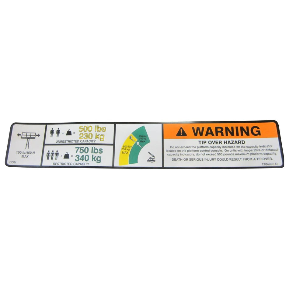 JLG Part # 1704995 - DECAL. 750#/500# CAPACITY (PLF)