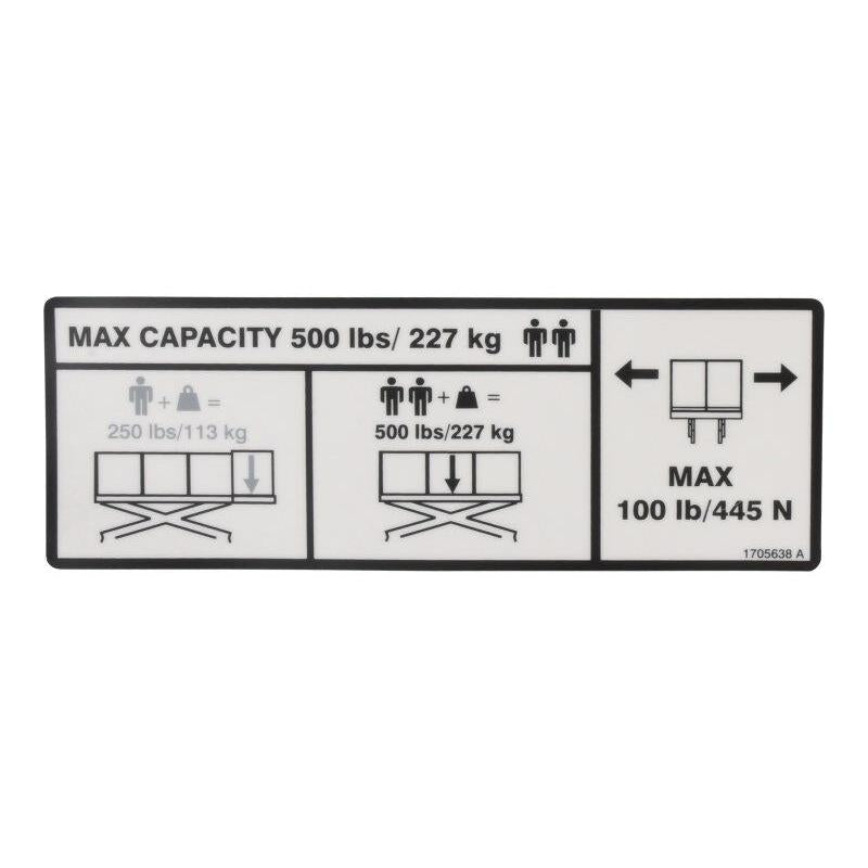 JLG Part # 1705638 - DECAL. CAPACITY (500LB -230 KG)