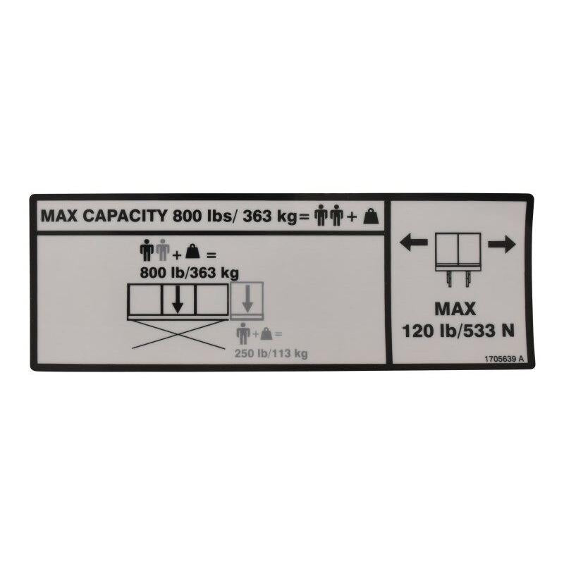 JLG Part # 1705639 - DECAL. CAPACITY 800LB - 363KG