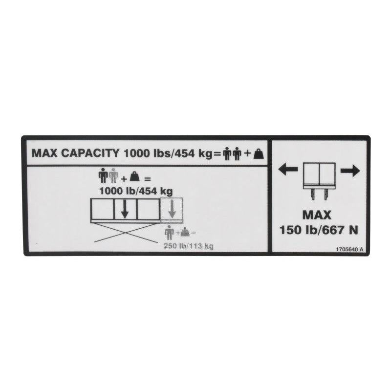 JLG Part # 1705640 - DECAL. CAPACITY 1000LB - 454KG