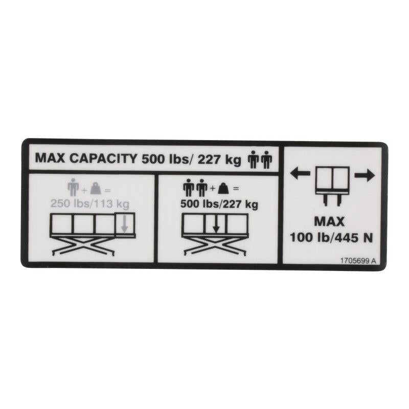 JLG Part # 1705699 - DECAL. MTB 500LB CAPACITY (1930)