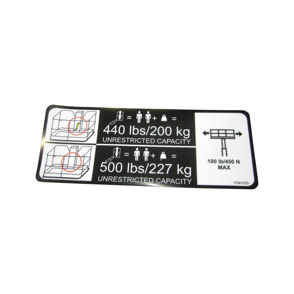 JLG Part # 1706107 - DECAL. CAPACITY PLF T350