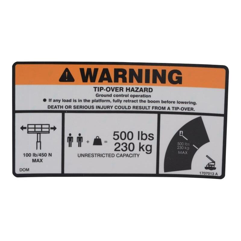 JLG Part # 1707013 - DECAL. 500 LBS MAX CAP 600SJ