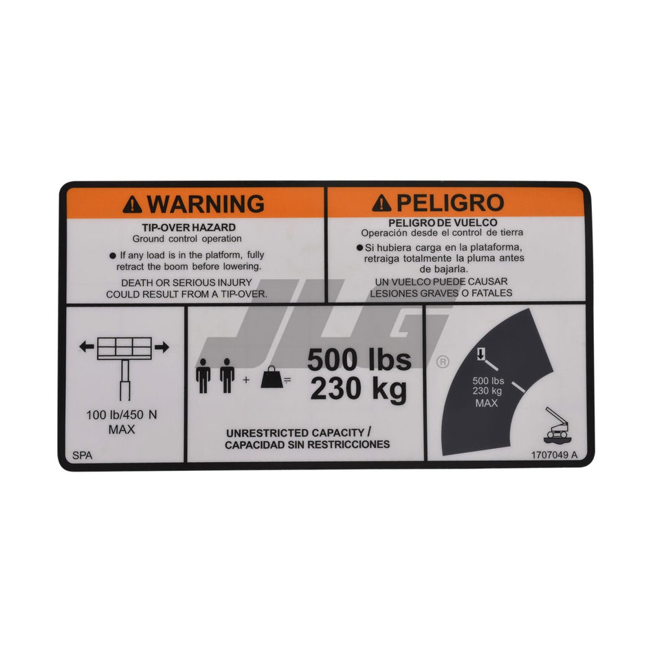 JLG Part # 1707049 - DECAL. 500LBSMAXCAP600SJ (SPA)