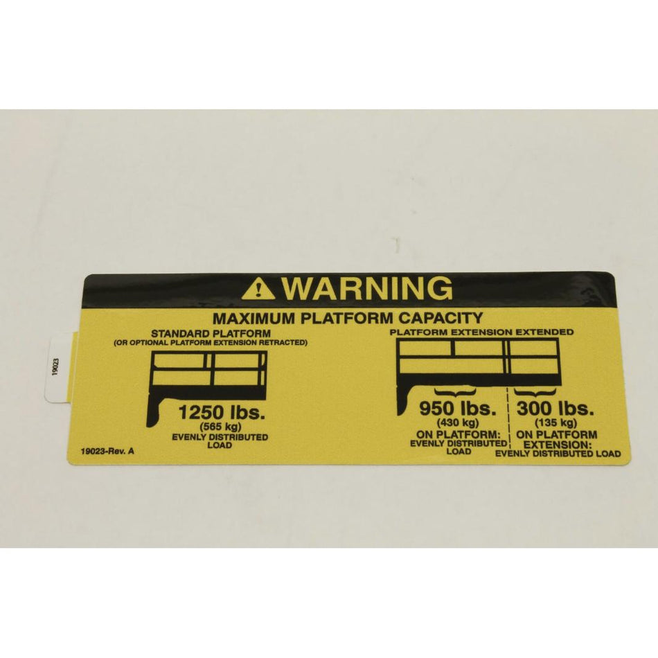 Genie Part # 19023. 19023GT - DECAL. WARNING. 1250 LB CAPACITY
