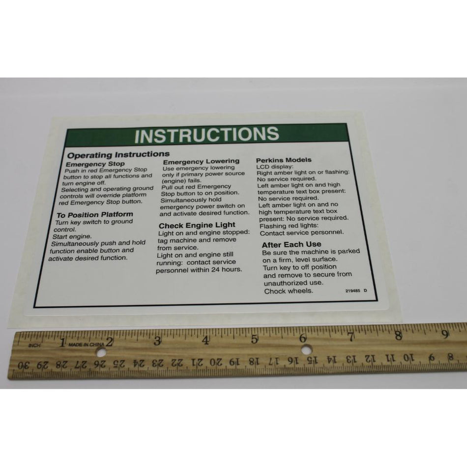 Genie Part # 219485. 219485GT - DECAL. OPER INST. GROUND CONT