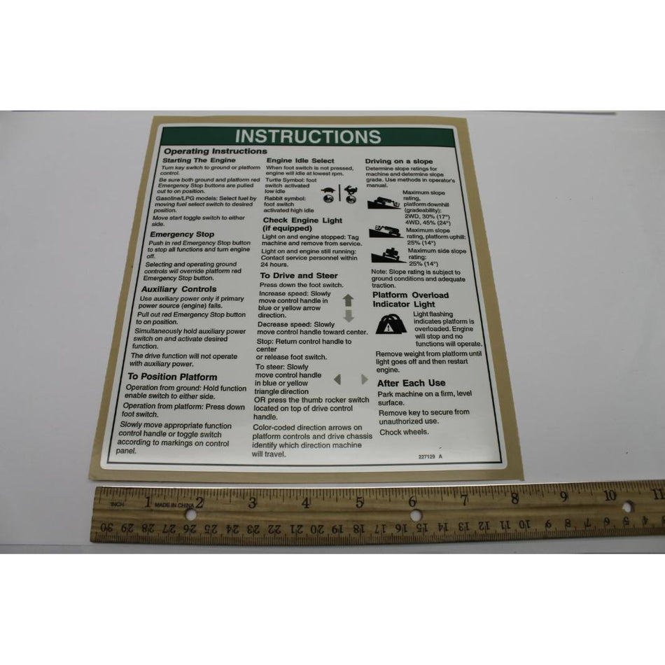 Genie Part # 227129. 227129GT - DECAL. OPER INST. Z45/Z51 IC AUS